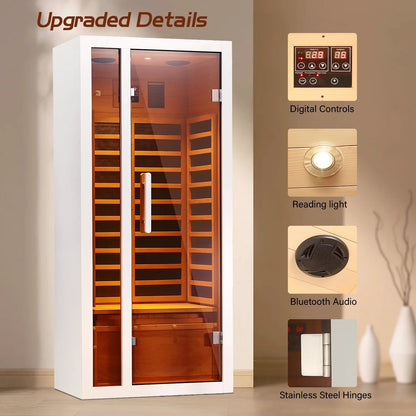 1 Person Extendable FAR Infrared Sauna for Home, Hemlock Wood Low EMF 6 Carbon Heaters Indoor Saunas with LED Lights, Bluetooth Speaker, Digital Control Panel, and Seating Bench