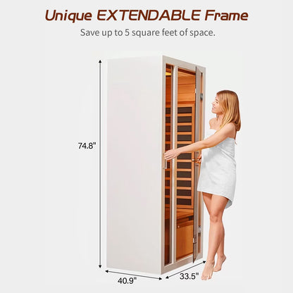 1 Person Extendable FAR Infrared Sauna for Home, Hemlock Wood Low EMF 6 Carbon Heaters Indoor Saunas with LED Lights, Bluetooth Speaker, Digital Control Panel, and Seating Bench