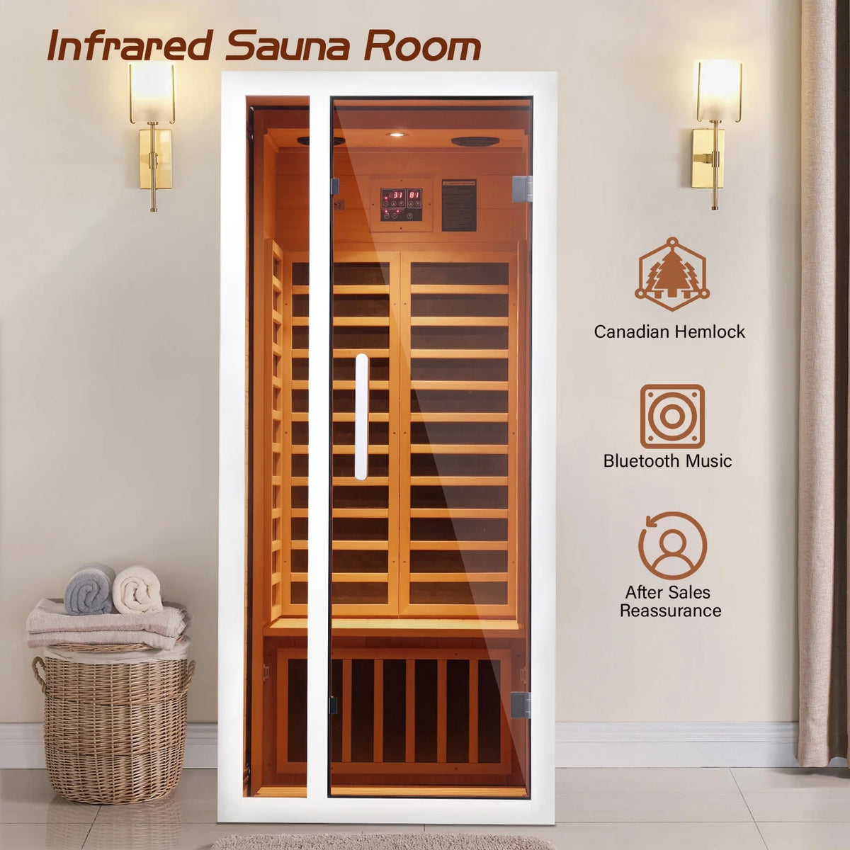 1 Person Extendable FAR Infrared Sauna for Home, Hemlock Wood Low EMF 6 Carbon Heaters Indoor Saunas with LED Lights, Bluetooth Speaker, Digital Control Panel, and Seating Bench