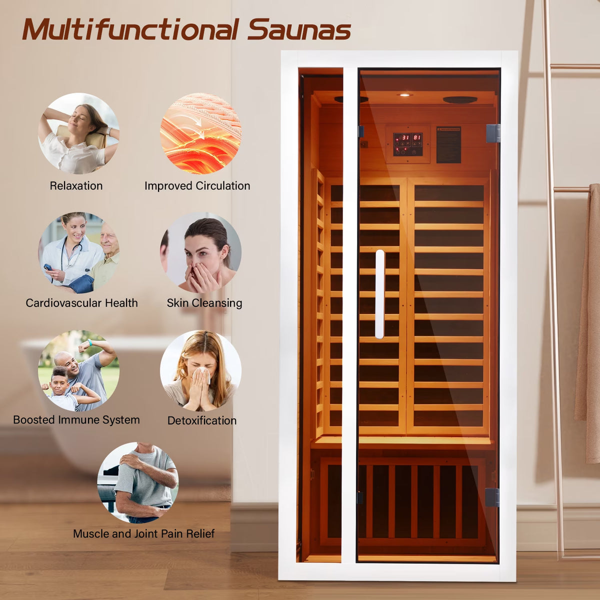 1 Person Extendable FAR Infrared Sauna for Home, Hemlock Wood Low EMF 6 Carbon Heaters Indoor Saunas with LED Lights, Bluetooth Speaker, Digital Control Panel, and Seating Bench