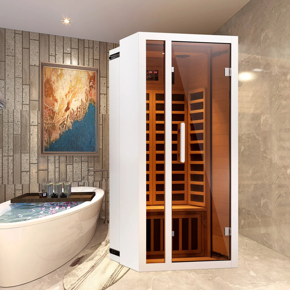 1 Person Extendable FAR Infrared Sauna for Home, Hemlock Wood Low EMF 6 Carbon Heaters Indoor Saunas with LED Lights, Bluetooth Speaker, Digital Control Panel, and Seating Bench